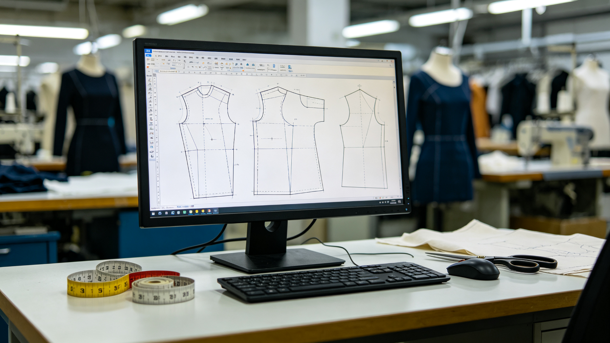 Pattern-development screen showing garment panels and measurement lines used to plan a cutout activewear set sample.
