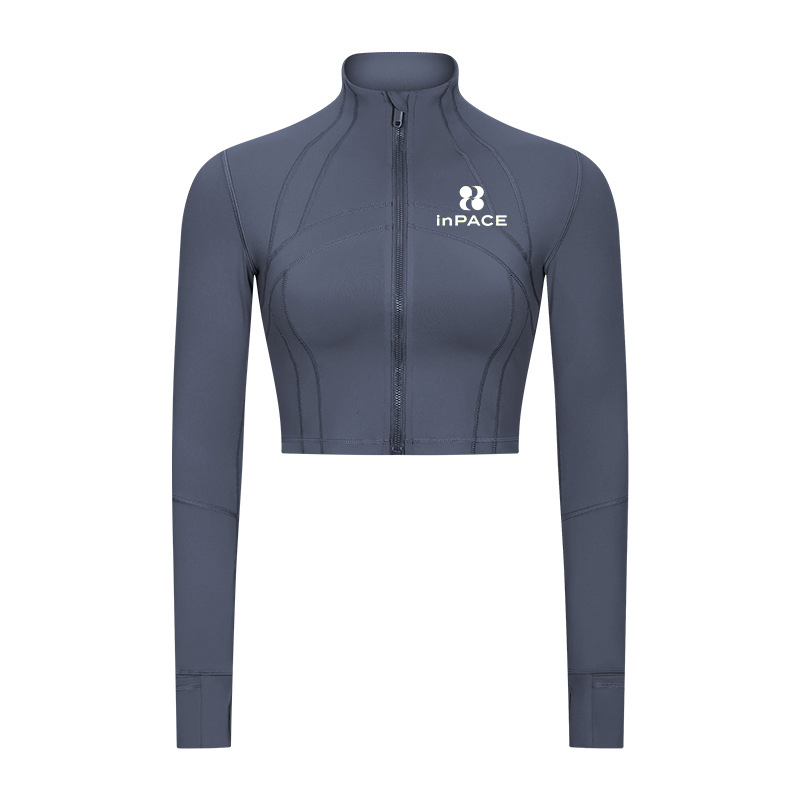 Grey cropped zip-front training jacket with stand collar and shaped panel seams