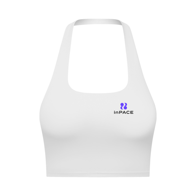 White halter-neck yoga bra with high neckline and cropped body