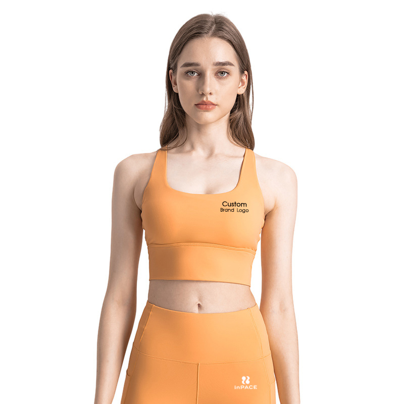 Orange longline multi-strap sports bra with square neckline